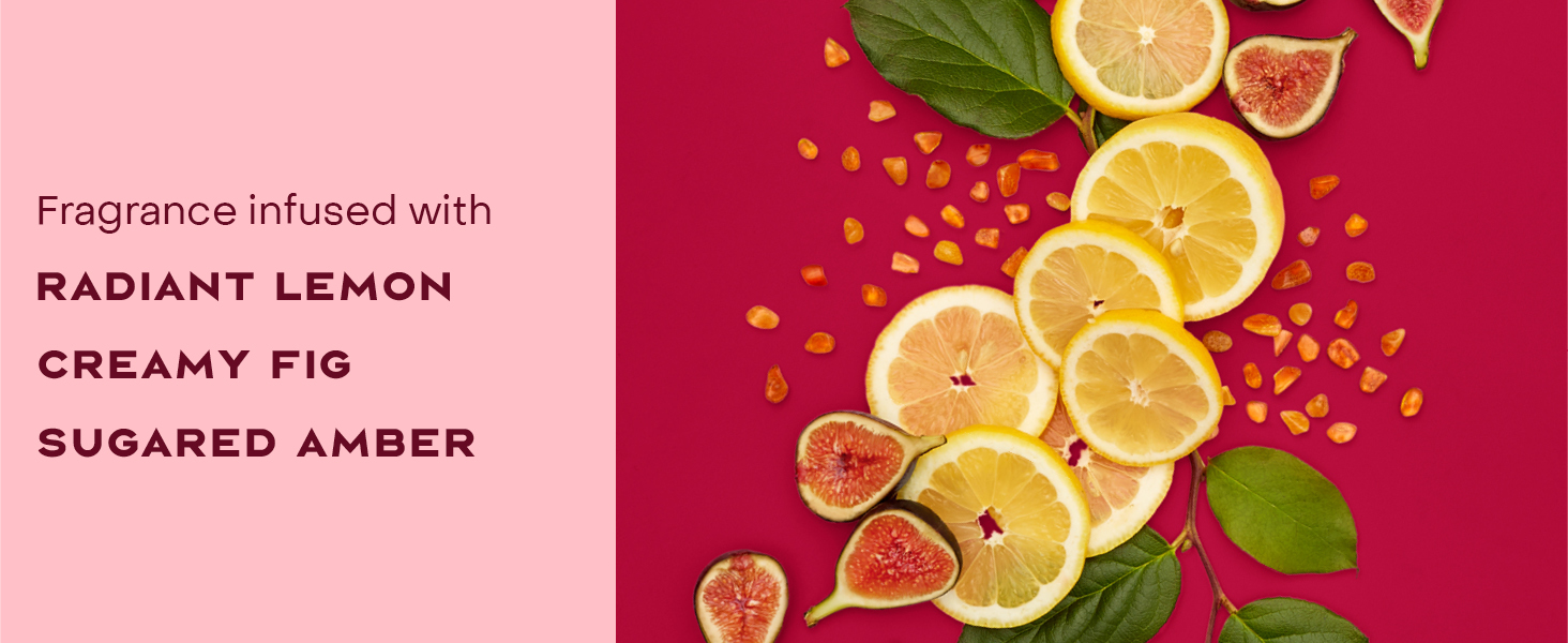 Image of fragrance infusion ingredients: radiant lemon, creamy fig, and sugared amber.