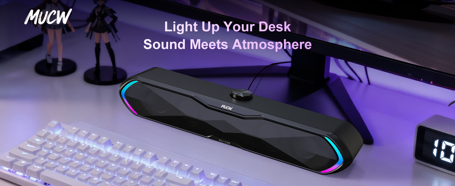 soundbar speaker + RGB lighting + desktop setup