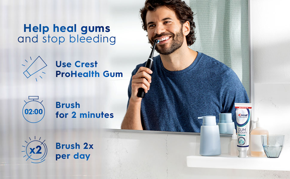 Man heals gums, stops bleeding with Crest Pro-Health Gum Detox &amp;amp; iO brush, 2 mins, 2x/day.