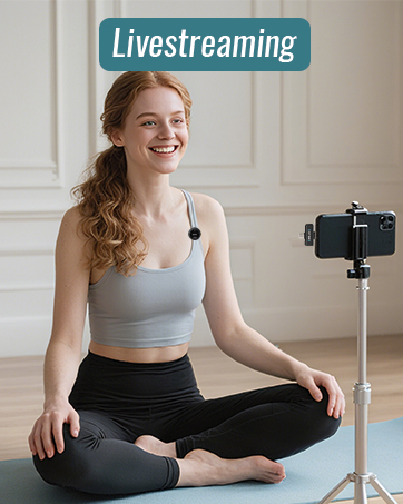 Text reads 'Livestreaming'. A person is seated on the floor with recording equipment, appearing to be setting up for a streaming session.