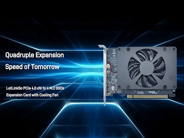 LetLinkSo Gen4 PCIe 4.0 x16 M.2 Expansion Adapter Card 4 Ports NVMe SSDs M Key with Brushless Fan