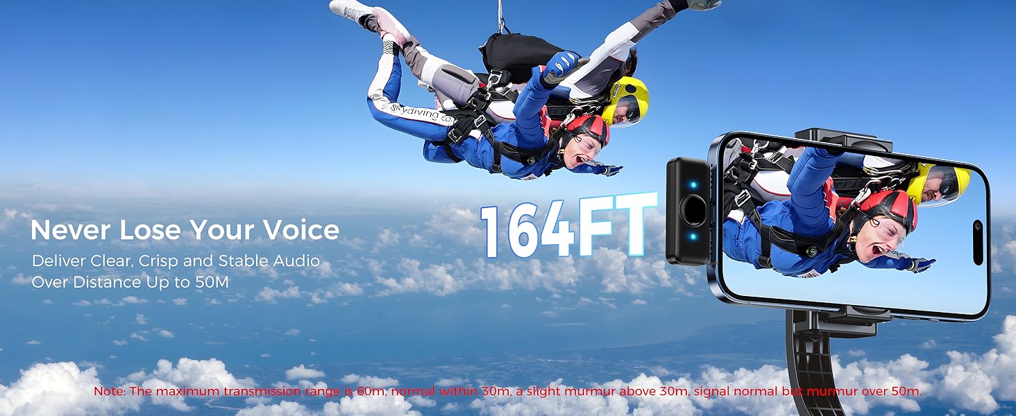 Text reads 'Never Lose Your Voice'. Multiple action shots of skydiving against blue sky and clouds, with mobile phone interface elements visible.