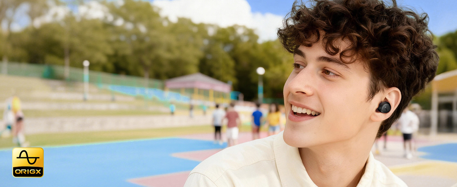 Person wearing TOZO A1 earbuds in everyday outdoor setting with OrigX tuned sound