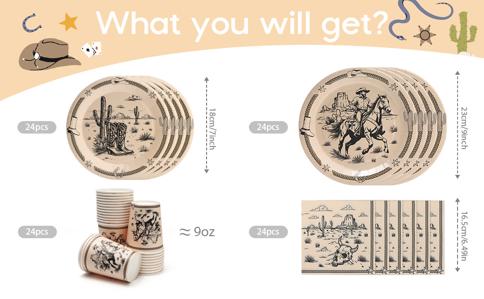 PCLMLES 96pcs Western Cowboy Disposable Tableware Set Cowboy Ranch Bachelorette