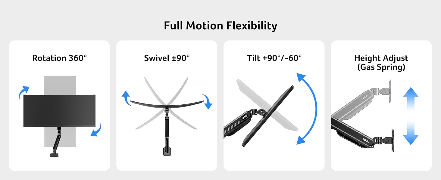 Text reads 'Full Motion/Flexibility'. Product demonstration images showing different positions and adjustment capabilities of what appears to be a mounting system or bracket.