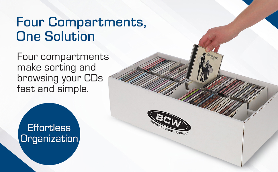 Hand lifts CD from BCW box with four compartments for fast, organized browsing.