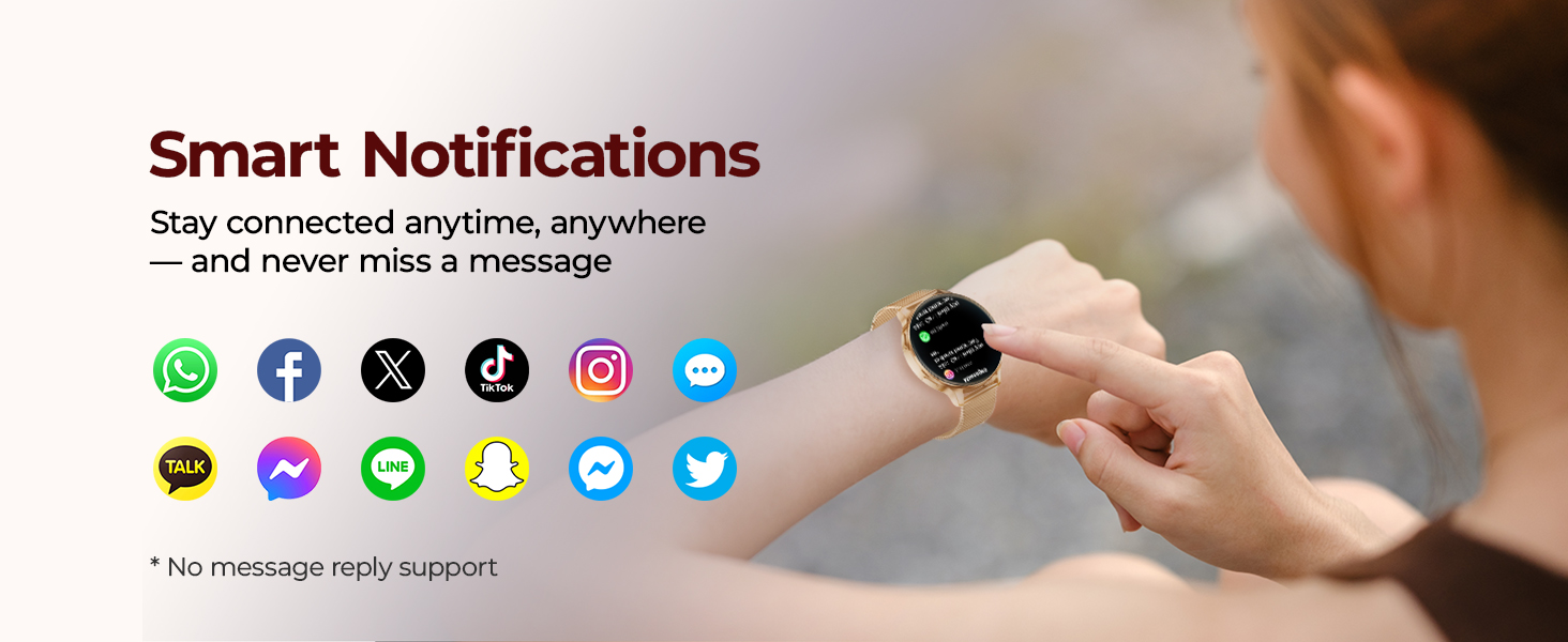 Smart watch receiving SMS, texts, and social media message notifications on HD display