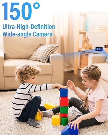 Text reads '150° Wide-angle Camera' and 'Ultra-High-Definition'. Interior home scene with children playing with colorful blocks on carpet near sofa.