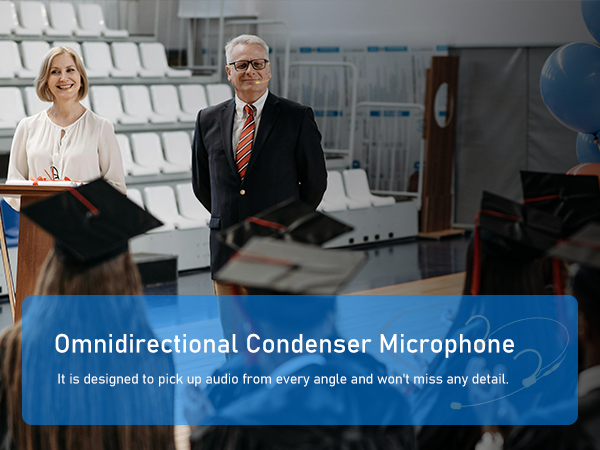 Omnidirectional condenser microphone product image with text overlay describing its ability to pick up audio from every angle.
