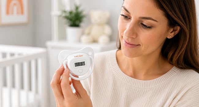 Parent viewing the digital temperature display on a MOBI Pacifier Thermometer.