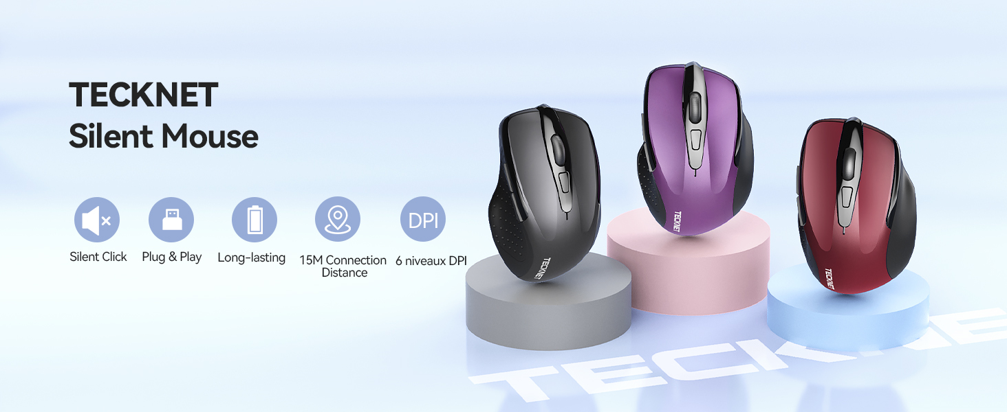 Three wireless computer mice in black, purple, and red colors. Product features silent operation, long battery life, and wireless connectivity up to 10 meters.