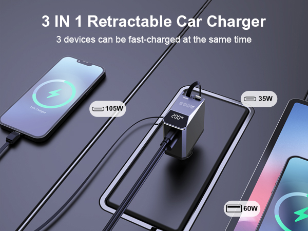 3-in-1 200W Retractable Car Charger