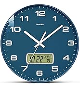 TIMESS Wall Clock, 12" Dial Non-Ticking Silent Battery Operated Analog with LCD Display for Perpe...