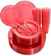 COLOSUS 36 Guests Clear Red Plastic Dinnerware Set Disposable Clear Red Plastic Plates with Red P...