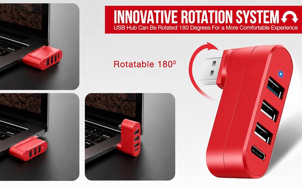 4-Port USB 3.0 Hub [90°/180° Degree Rotatable], USB Splitter USB Extender for Laptop, Car, Red