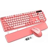 Wireless Keyboard and Mouse Combo - Cute Typewriter Keyboard with Detachable Wrist Rest, Retro Ro...