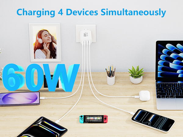 60W USB C European Plug Adapter 4-Port USB C Wall Charger European Charger US to Europe Adapter