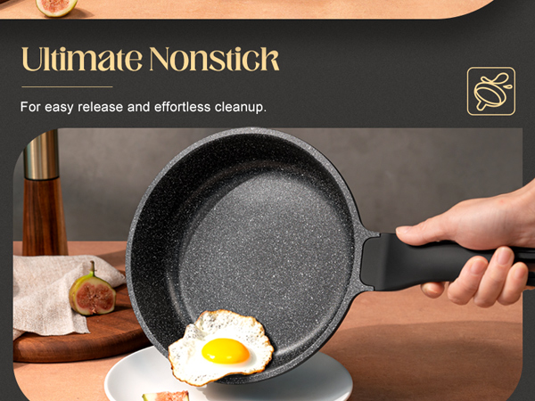 nonstick frying pan with silicone handle, ease of cleaning, works well on all cooktops, durable