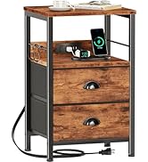 Furologee End Table with Charging Station, Nightstand with Fabric Drawers, Side Table with USB Po...