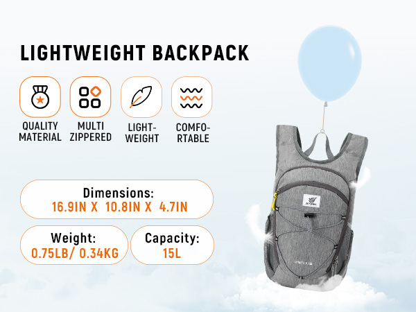 Lightweight backpack product info: multi-zippered, comfortable, 16.9in x 10.8in x 4.7in, 0.75LB/0.34KG, 15L capacity. Gray backpack image included.