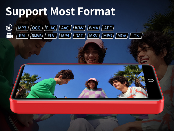 Red-framed portable media player or device displaying supported file formats including MP3, OGG, FLAC, with screen showing outdoor scene.