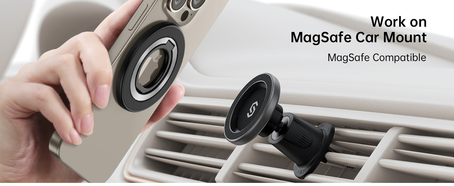 MagSafe car mount for smartphones being attached to a vehicle's air vent. The circular mount has a magnetic surface for easy phone attachment.