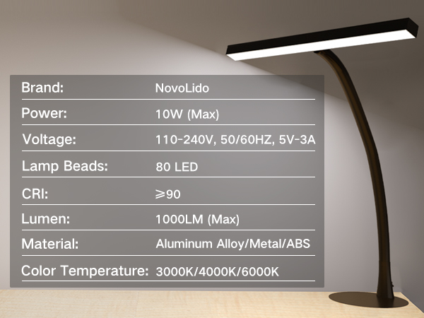 Text reads 'Brand: NovoLido, Power: 10W Max, Voltage: 110-240V, Lamp Beads: 80 LED, CRI: >90, Lumen: 1000LM'. Modern desk lamp with technical specifications displayed.