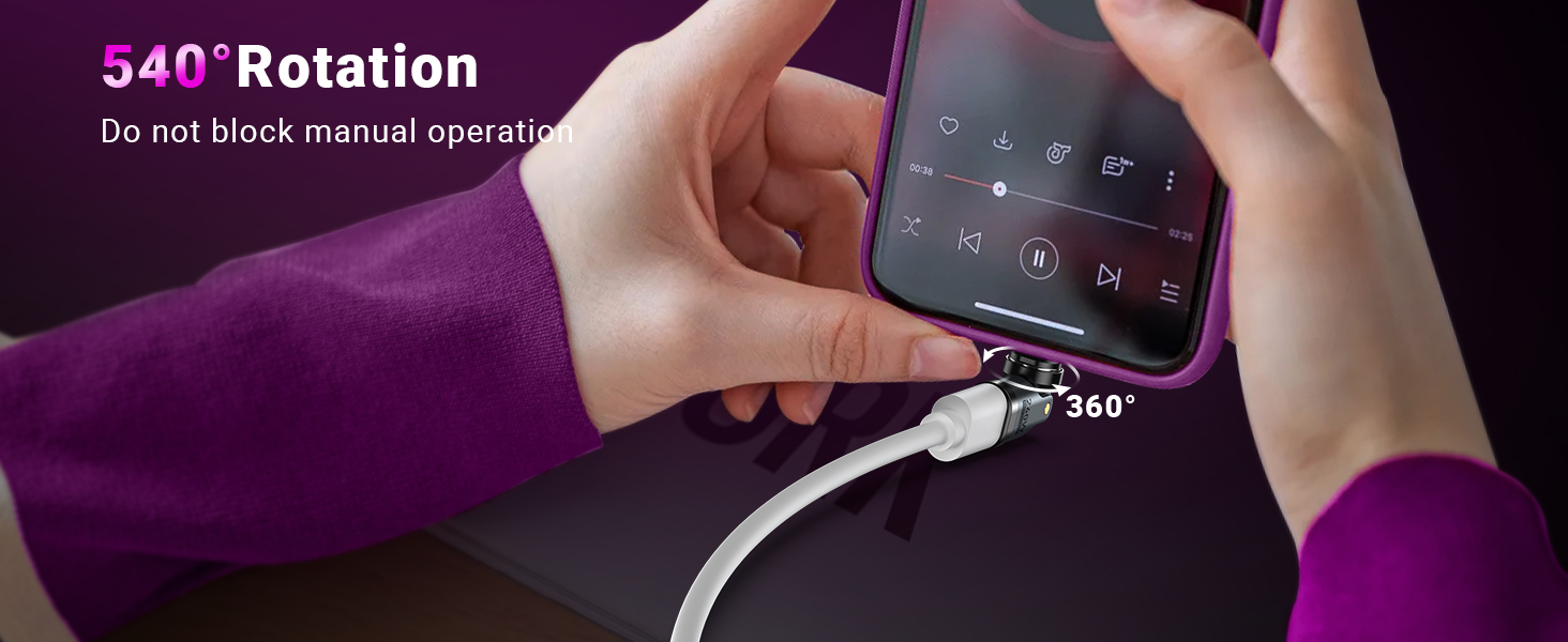 Product interface demonstrating 360-degree rotation feature, with hands showing manual operation against purple background.