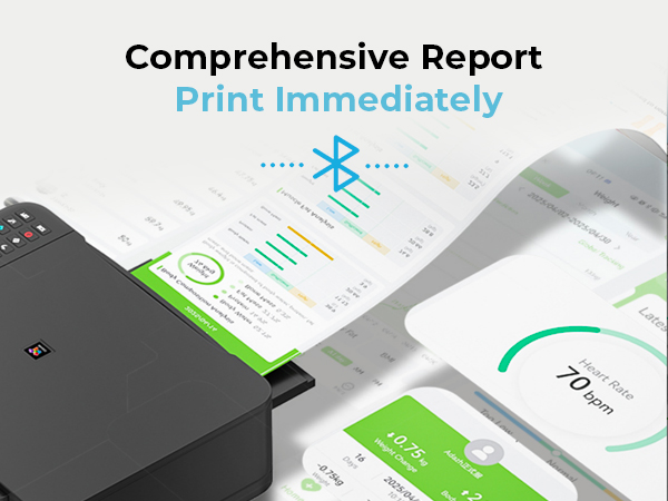 The printer connects to the Feelfit app via Bluetooth to print the health report.