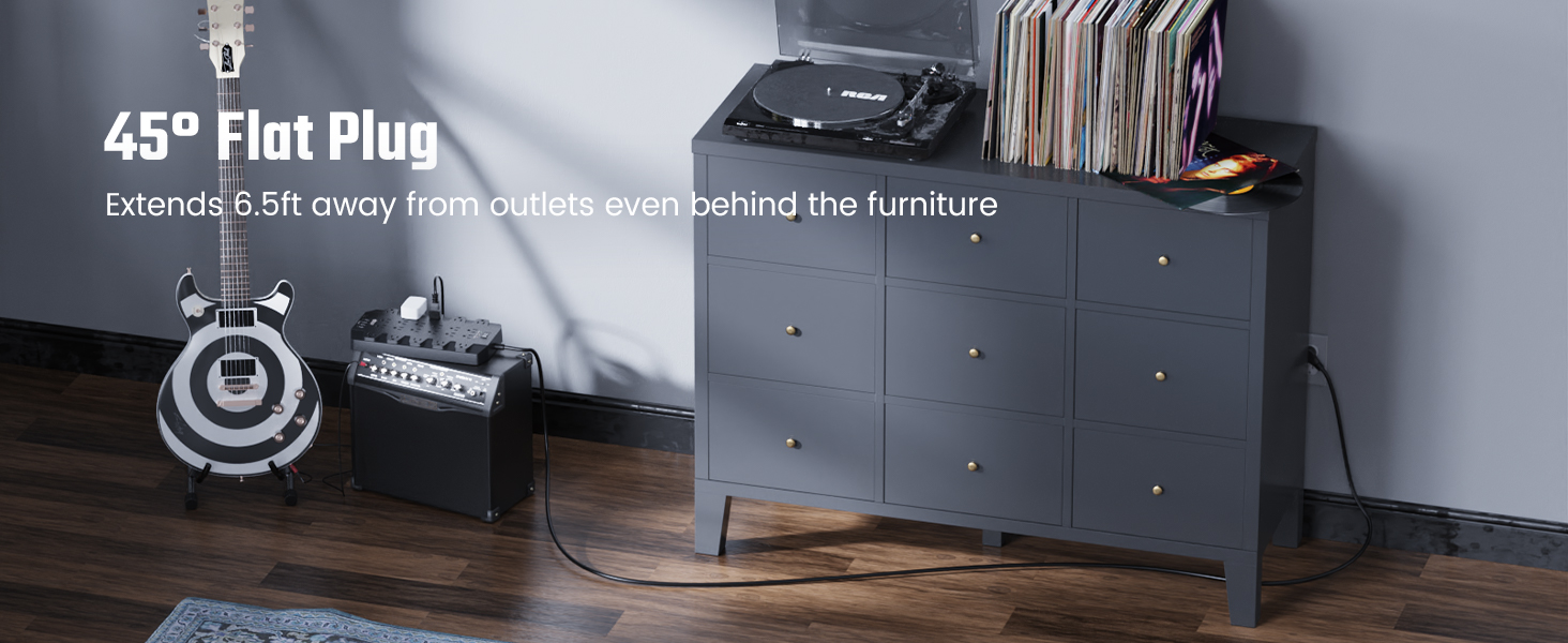 6.5ft extension cord (15A/1875W) 45° right-angle flat plug