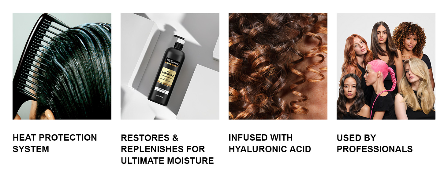 Comb through hair, TRESemmé bottle, shiny curls, &amp; diverse women with bold styles.