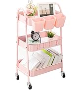 danpinera 3-Tier Rolling Cart, Metal Rolling Storage Cart with Lockable Wheels &amp; Hanging Cups &amp; H...