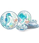 LEHAHA 12-Piece Melamine Beach Dinnerware Set, Coastal Plates and Bowls Sets, Oceanic Sea Life Di...