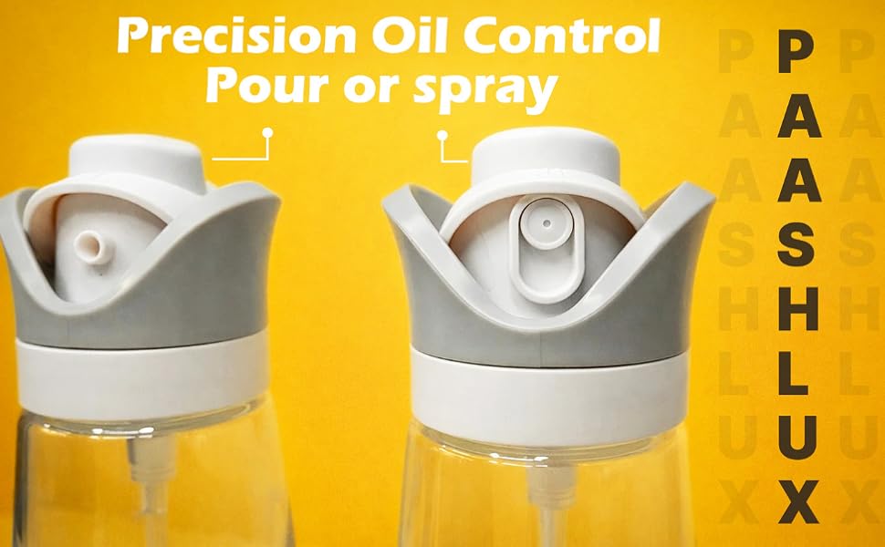 Two clear bottles with gray and white lids for oil dispensing, shown from different angles.