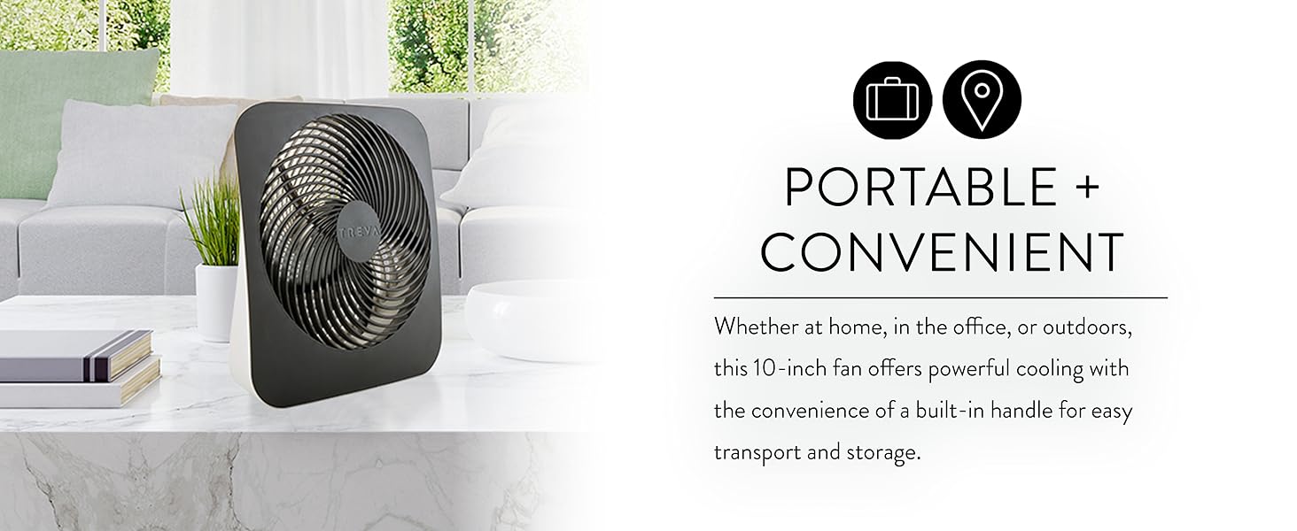 Treva 10 Inch Fin Fan Black on living room table