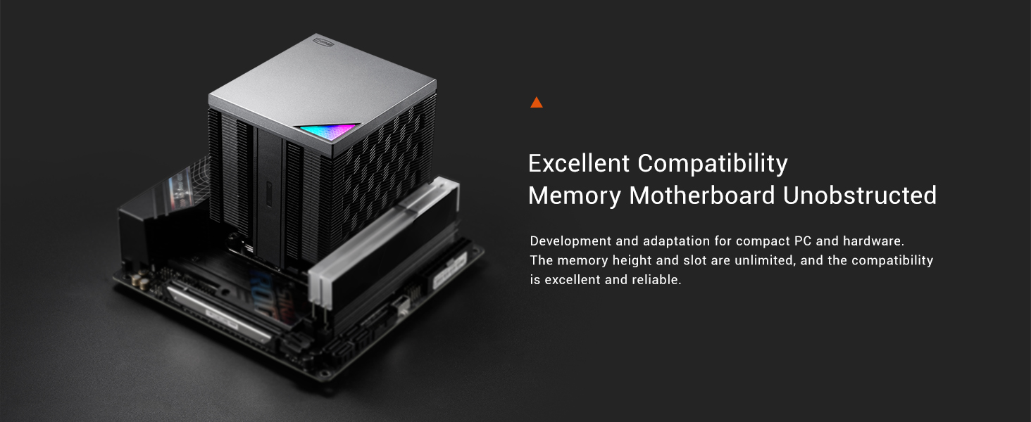 Text reads 'Excellent Compatibility Memory Motherboard Unobstructed'. Dark technical product images showing computer hardware components against black background.