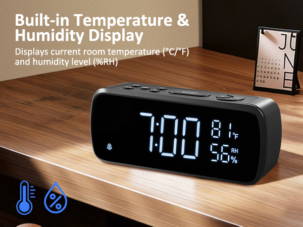 clock radio am fm for bedroom battery operated radio Built-in Temperature &amp;amp; Humidity Display