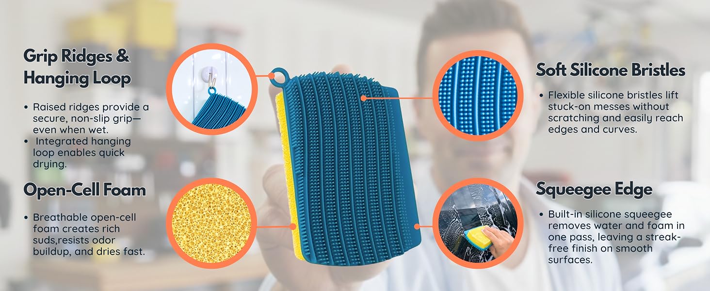 Silicone scrubber with bristles foam squeegee and hanging loop design