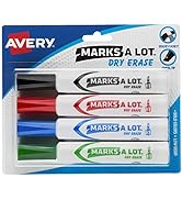 AVERY Marks A Lot Dry Erase Markers, Low Odor White Board Markers with Chisel Tip, 4 Assorted Col...