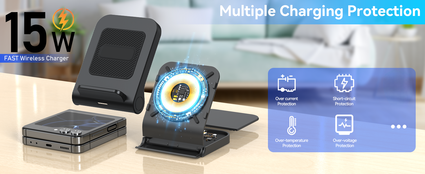 Wireless charger shown with blue LED ring indicator, featuring 15W charging capability and multiple device protection. Black charging pad displayed on wooden desk surface.