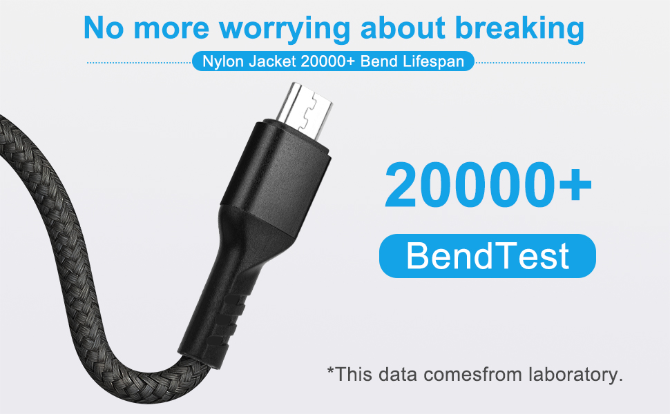 Nylon braided cable + alloy charging port Effective bend count: 20,000+