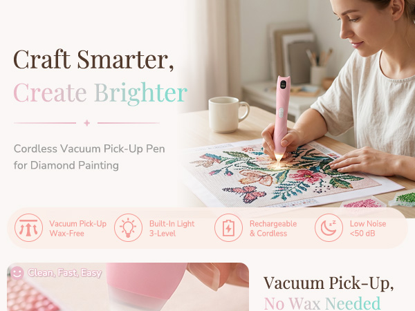 Electric Diamond Painting Vacuum Pen with Light, Wax-Free Cordless, 3 Suction Level, Ergonomic Grip