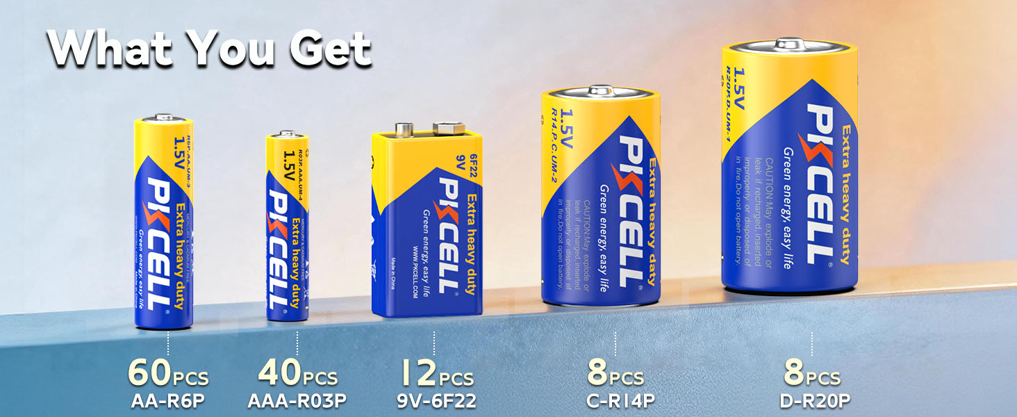 This family pack contains 60 AA battery 40 AAA batteries 8 C batteries 8 D batteries 12 9V batteries