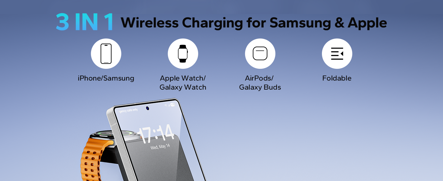 3-in-1 wireless charging pad for Samsung and Apple devices. Compatible with phones, smartwatches, and earbuds. Shows smartphone with orange wristband on charger.
