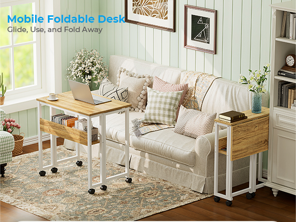 Text reads 'Mobile Foldable Desk'. White folding desk setup shown in a bright living room with wooden flooring and beige decor. Multiple views demonstrate its folding functionality.