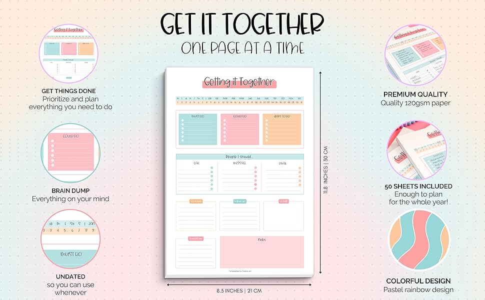 Text reads 'GET IT TOGETHER'. Series of digital planner or calendar layouts featuring pastel pink, blue and mint color scheme with organizational elements and productivity tools.