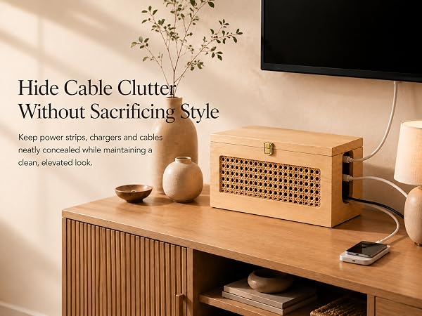 Wooden cable management box conceals power strips and cables while keeping charging accessible.