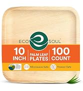 ECO SOUL 10 Inch Disposable Palm Leaf Plates [100 Pack] Premium Food-Safe Heavy Duty Compostable ...