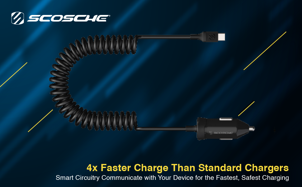 3.0 Fast Car Charger with Attached 3-Foot Adjustable Coiled Cable