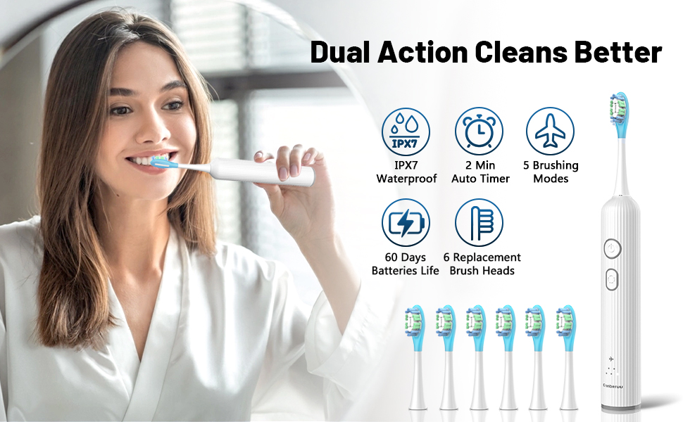 Dual action cleans better ipx7 waterproof 2 mins auto timer 5 brushing modes